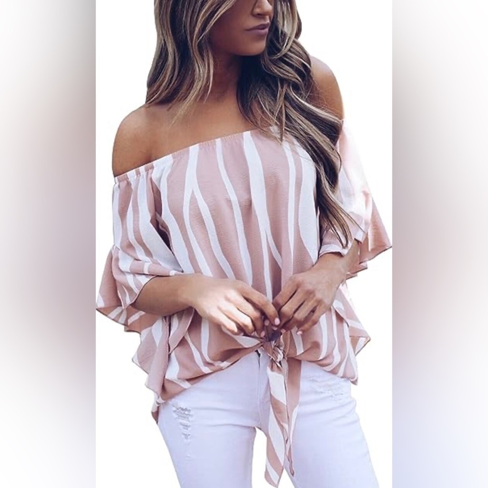 Striped Off-Shoulder Blouse - Pink and White